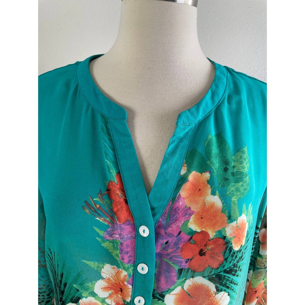 Soft Surroundings Womens Medium Teal Blue Silk Blend Split Neck Tunic Blouse Top - Picture 2 of 9
